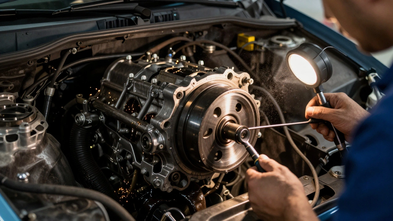 Mechanic measuring flywheel runout with dial indicator