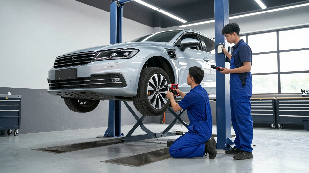 Mechanic working on lifted car with diagnostic tool in a modern garage