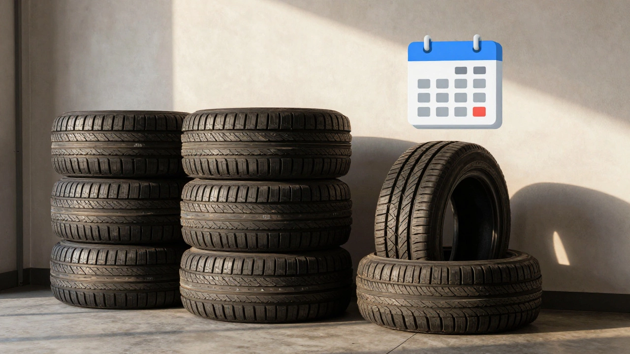 New and old tires stored in a garage illustrating lifespan and storage