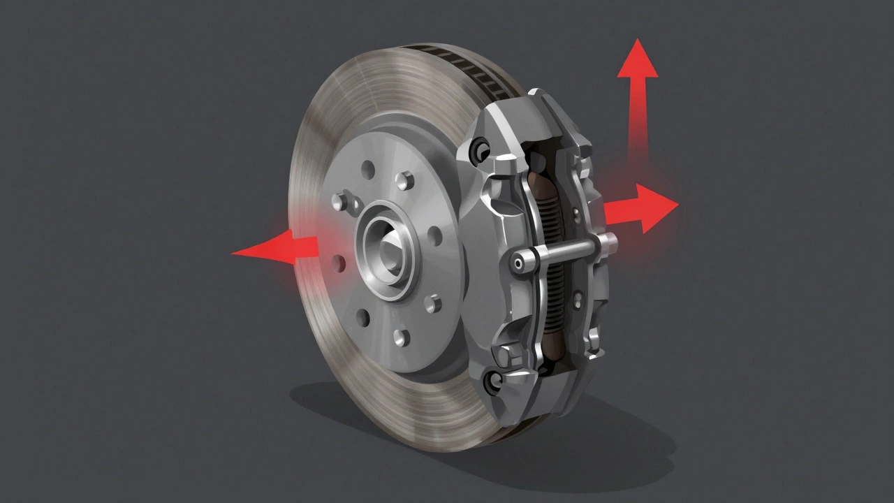 Technical diagram showing brake caliper clamping on a warped rotor with vibration arrows