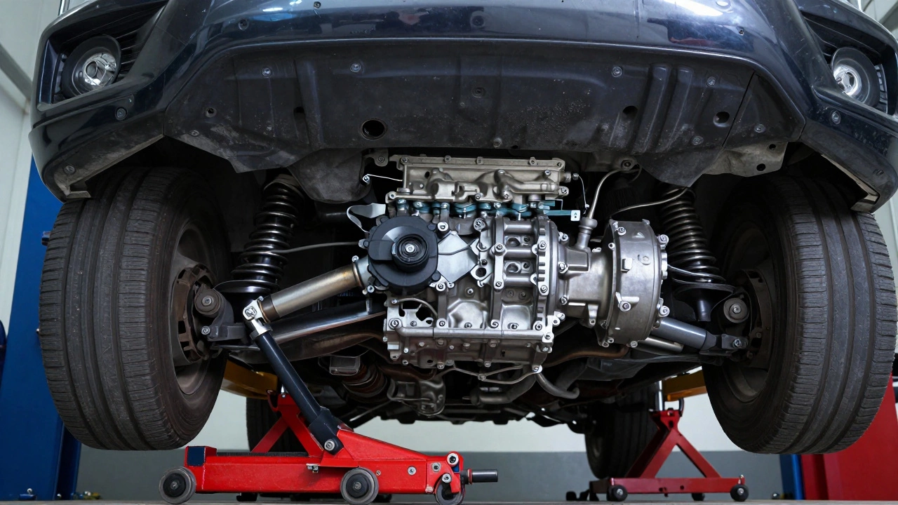 Transmission being lowered from under a car using a jack