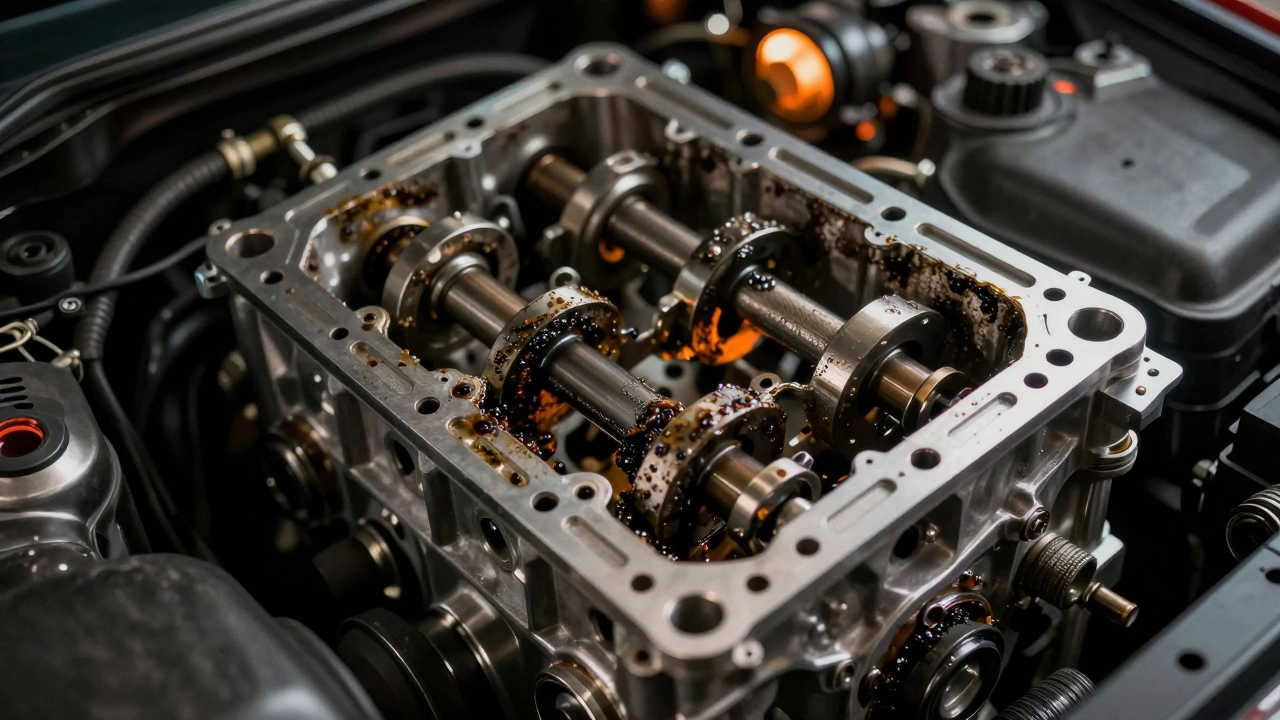Car engine cutaway showing sludge buildup clogging oil passages and damaging components.