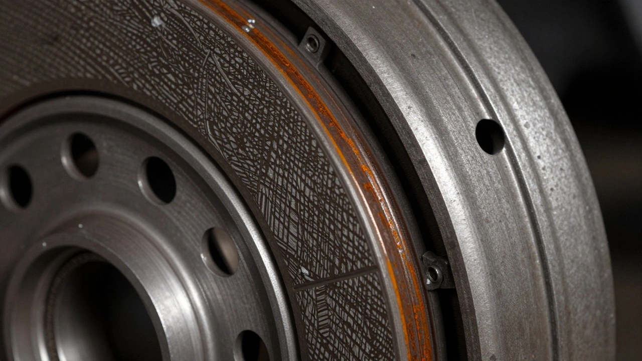 Close-up of worn clutch disc and flywheel showing friction damage