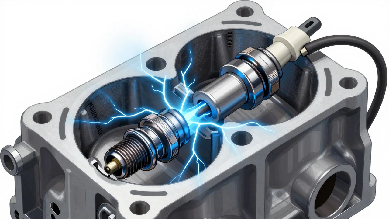 Cross-section diagram of spark plug with erratic electrical arc