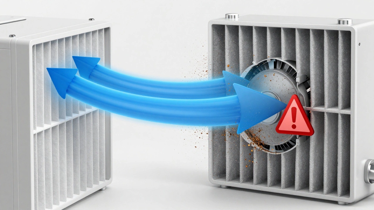 Cross-section diagram showing airflow through an HVAC filter capturing dust