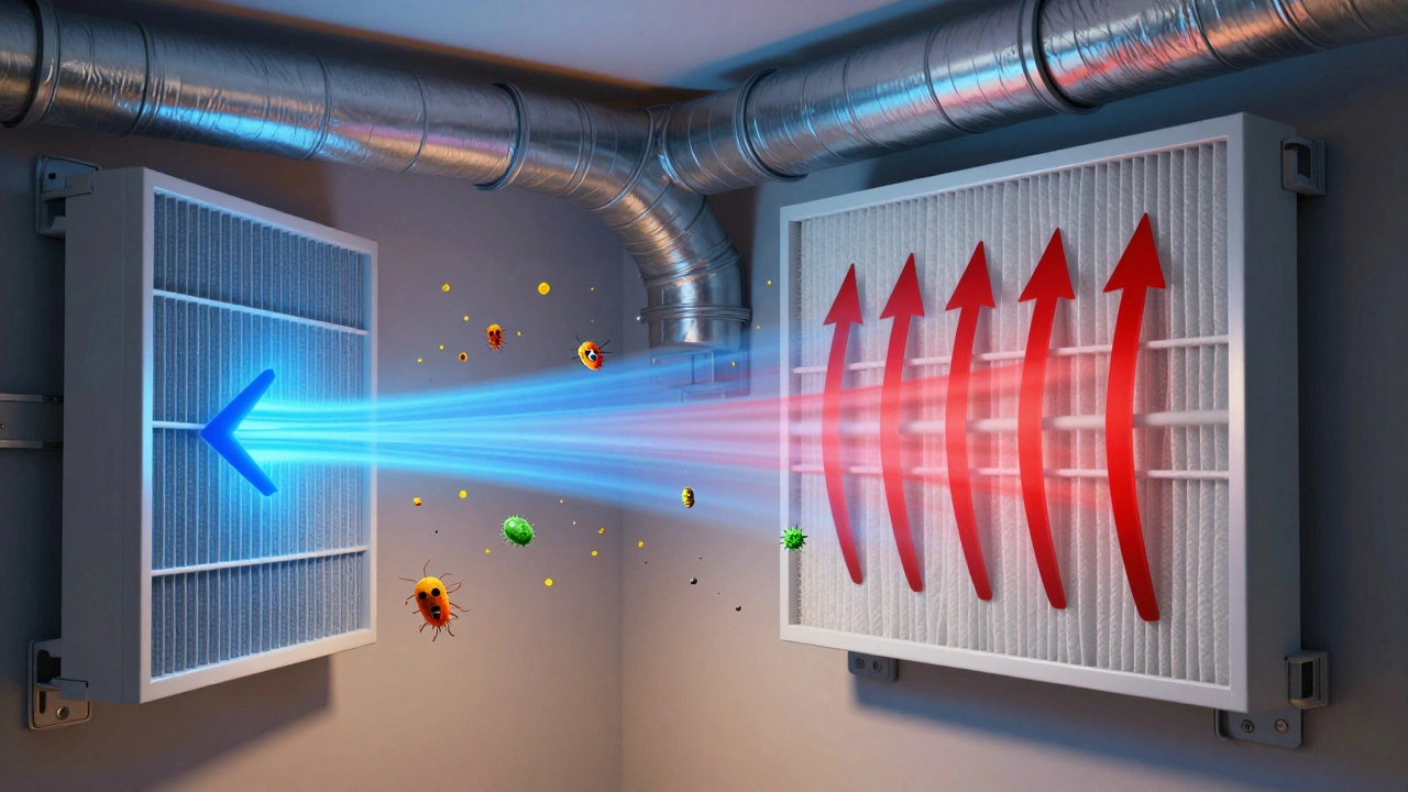 Diagram illustrating airflow resistance and particle capture in MERV 11 vs MERV 13 filters
