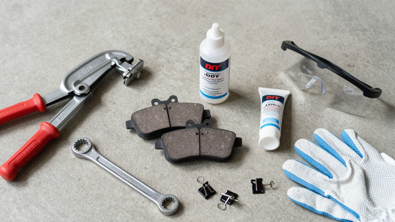 DIY brake repair tools and new ceramic pads arranged on a garage floor