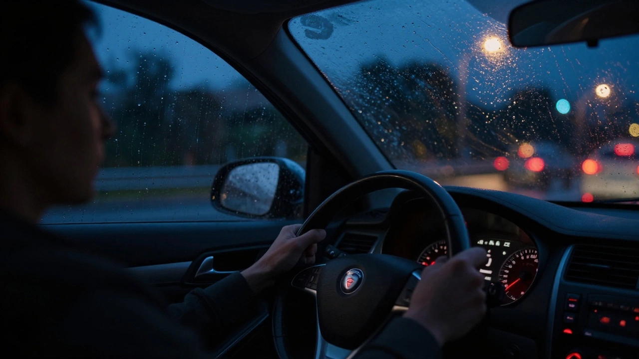 Driver's view of a shaking steering wheel during a rainy night drive