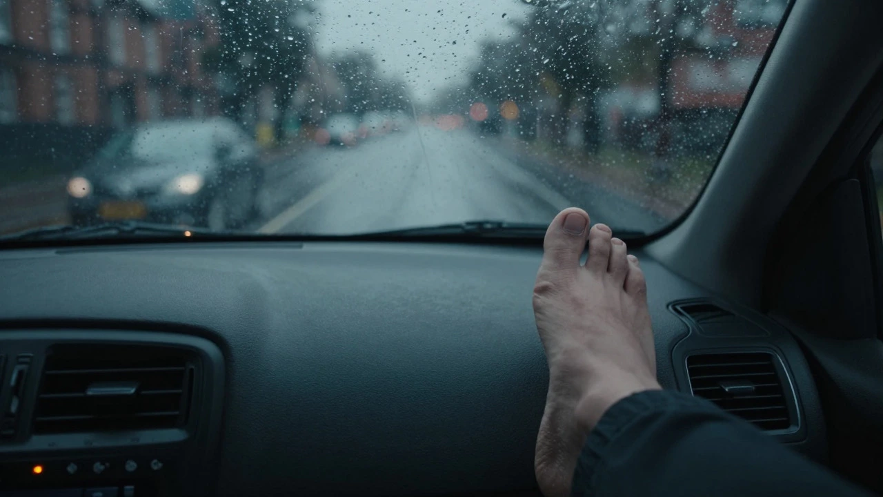 Driver's view of wet road and brake pedal during rain, emphasizing safety risks