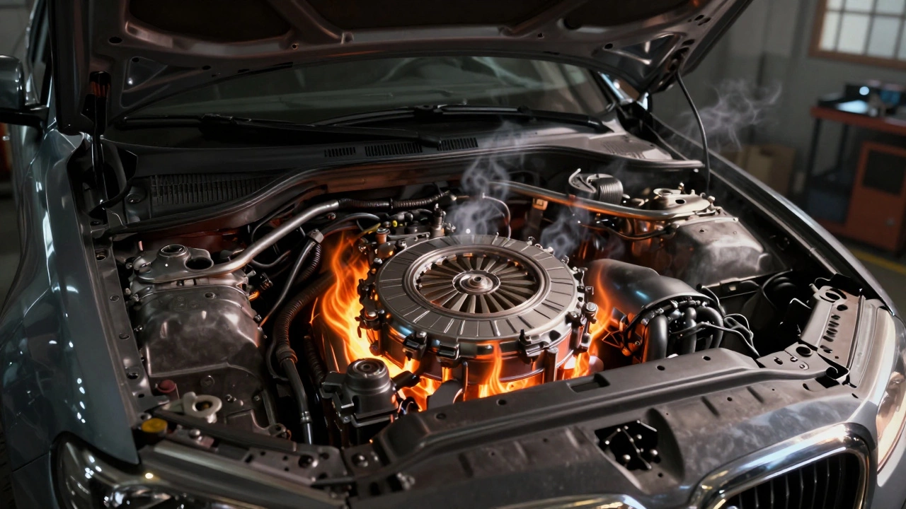 Engine bay visualization showing heat waves from overheating clutch