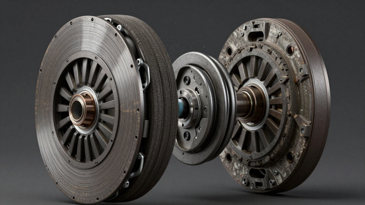 Exploded view of worn clutch disc and pressure plate