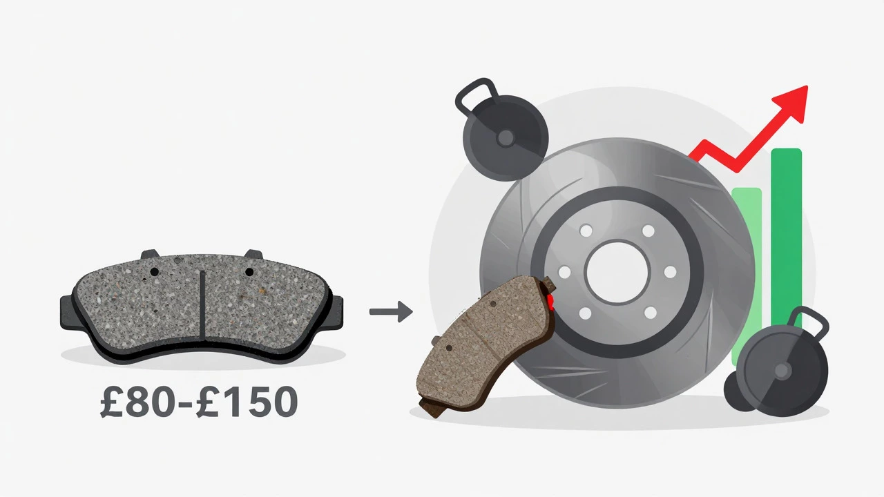Illustration comparing cheap pad replacement vs expensive rotor repair costs