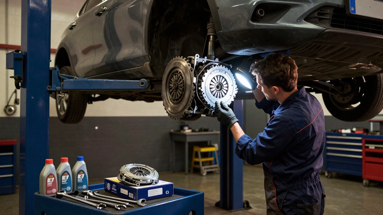 Mechanic inspecting flywheel during clutch replacement