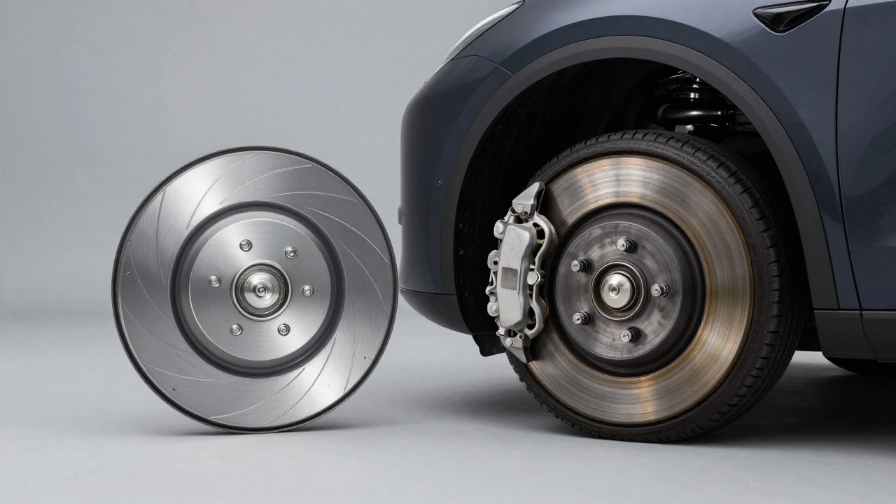Side-by-side comparison of pristine EV brakes and worn petrol car brakes