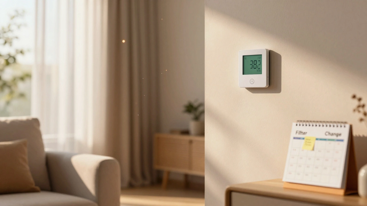 Sunlit living room with clean air and a filter replacement reminder