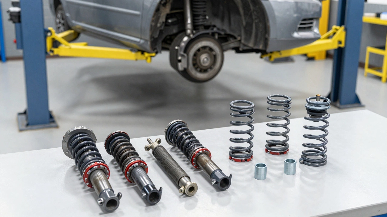 Worn shock absorbers next to new ones in an auto repair shop