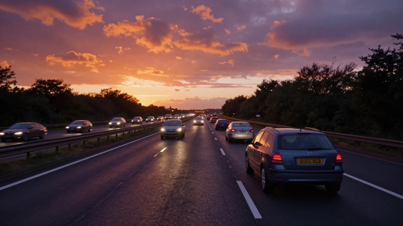 A car hesitating while merging onto a busy UK motorway at dusk, illustrating engine lag