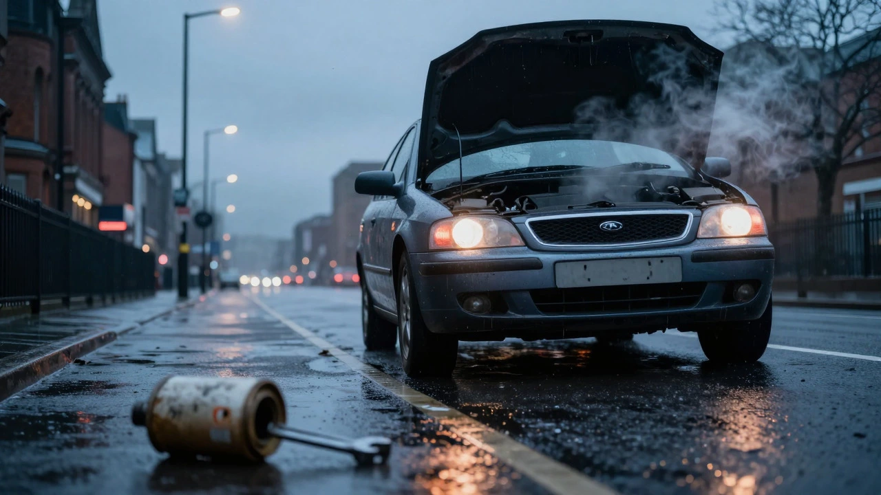 Car broken down on rainy UK road at dusk