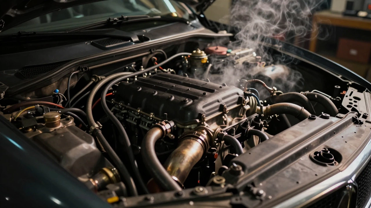 Car engine bay with smoke rising from the exhaust indicating issues