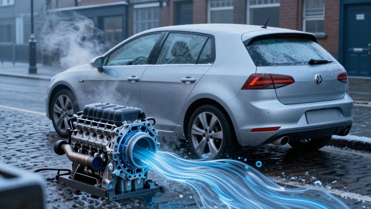 Car starting on a frosty morning with steam rising from exhaust