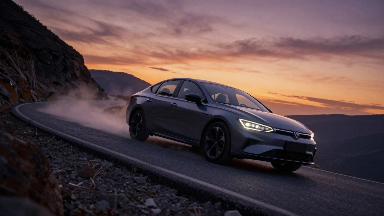 Car struggling to climb a steep mountain road at sunset