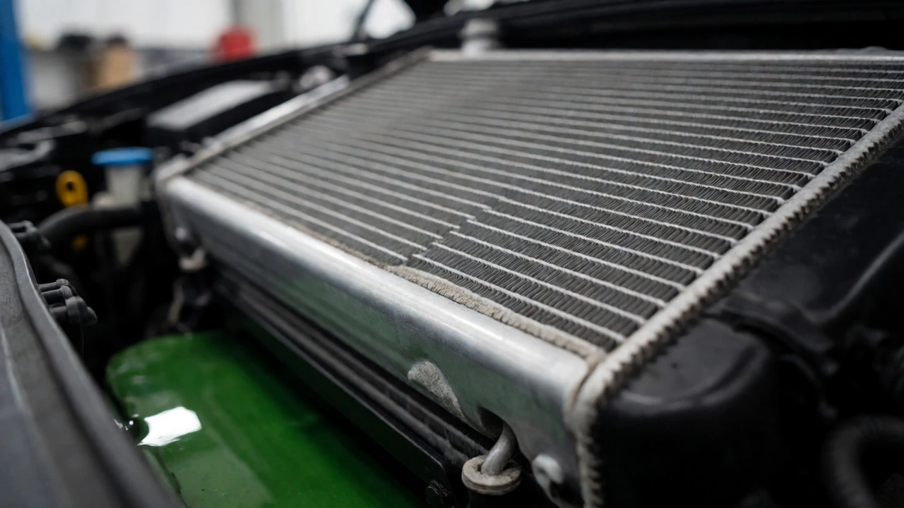 Close-up of a corroded car radiator with green coolant leaking onto the floor