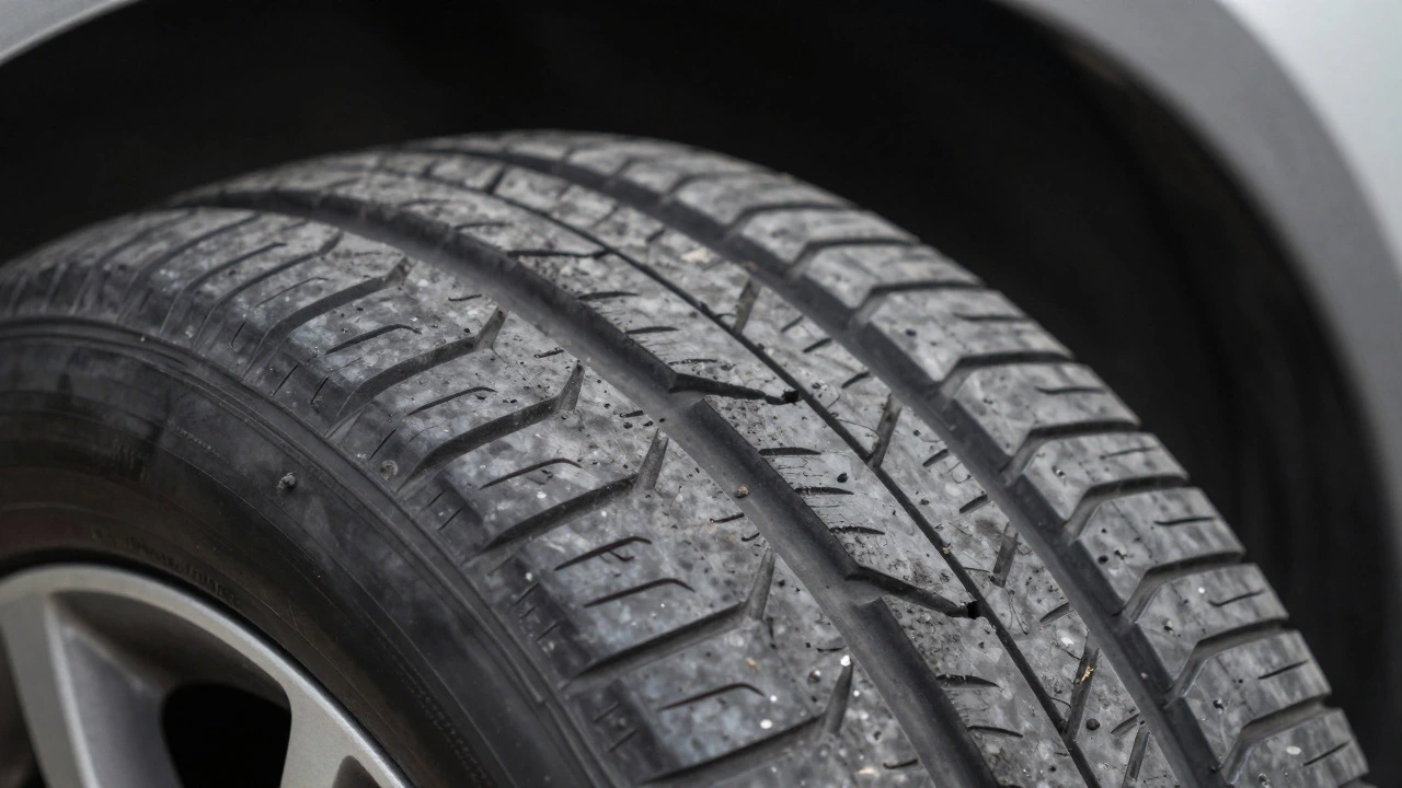 Close-up of tire tread with severe cupping and irregular wear patterns