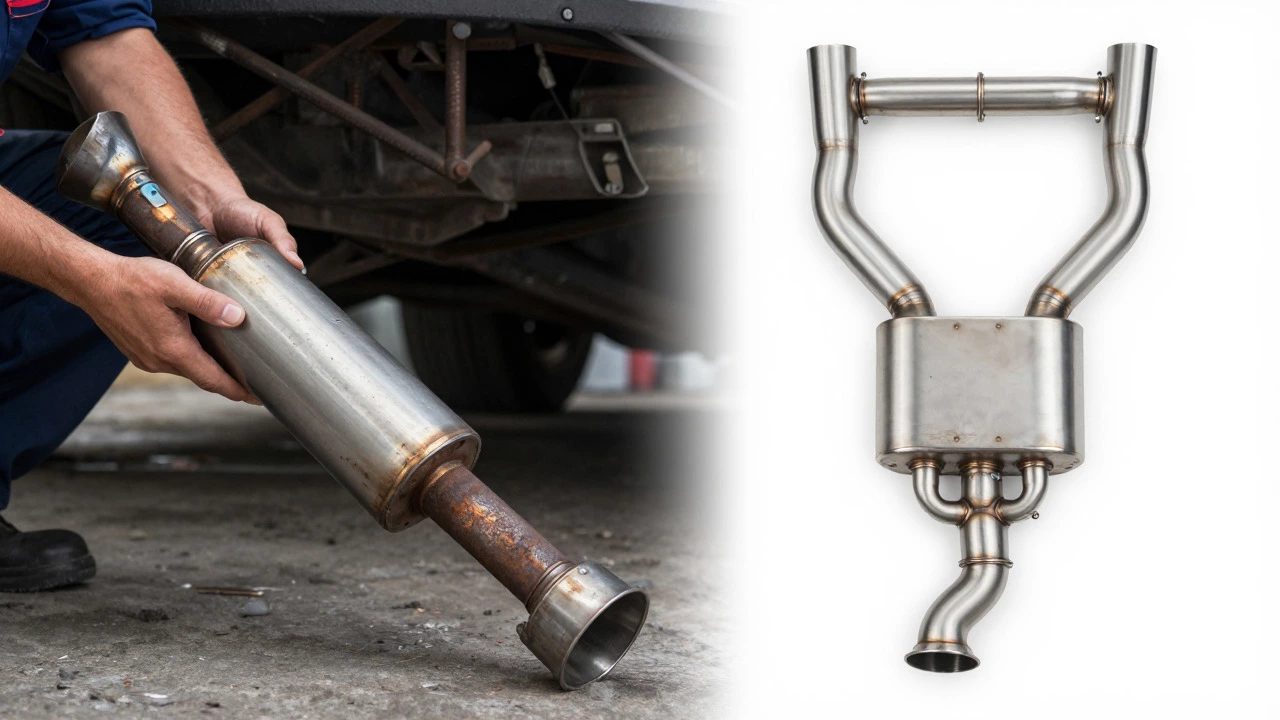 Comparison showing rusty factory exhaust versus clean stainless steel upgrade