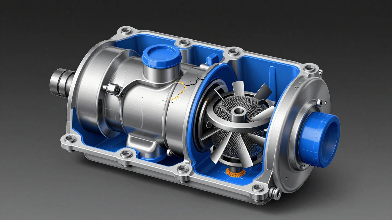 Cross-section illustration of a car fuel pump showing internal wear and mechanical stress