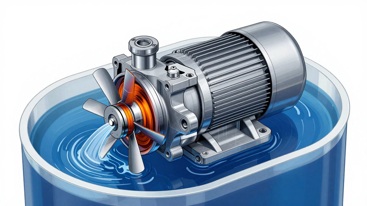 Cutaway view of a failing electric fuel pump inside a car's fuel tank