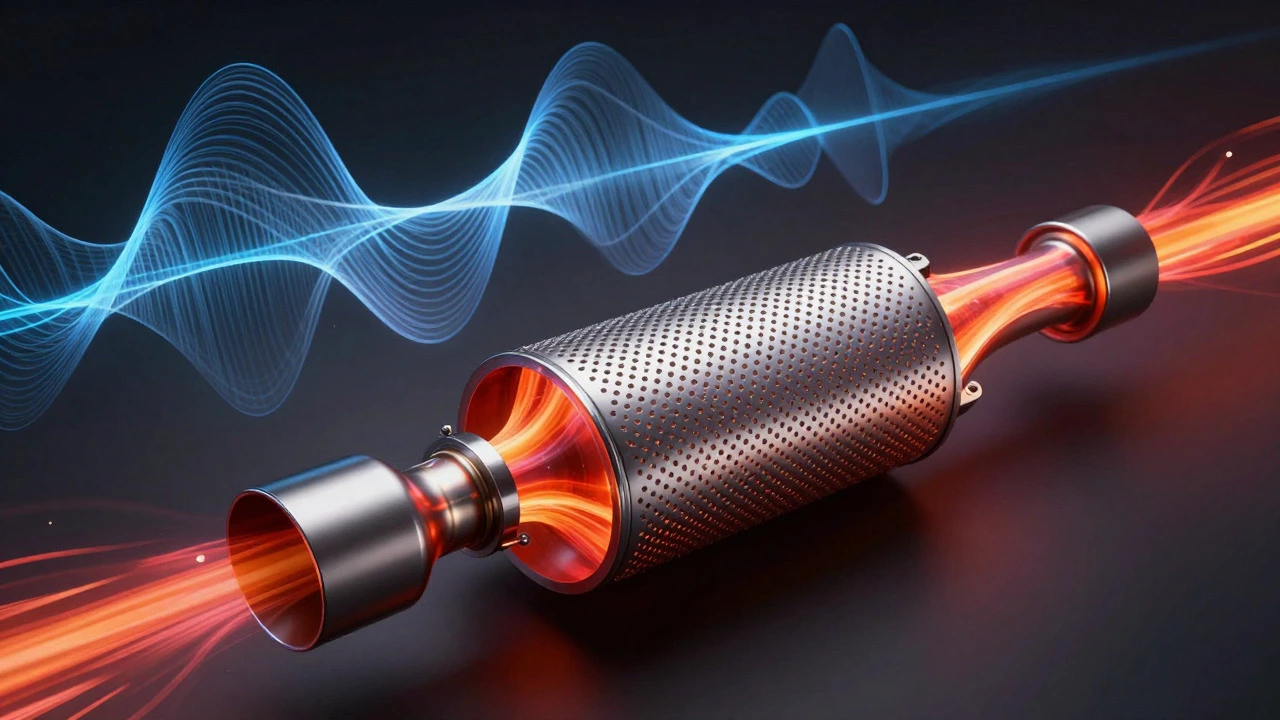 Cutaway view showing sound waves in exhaust pipe