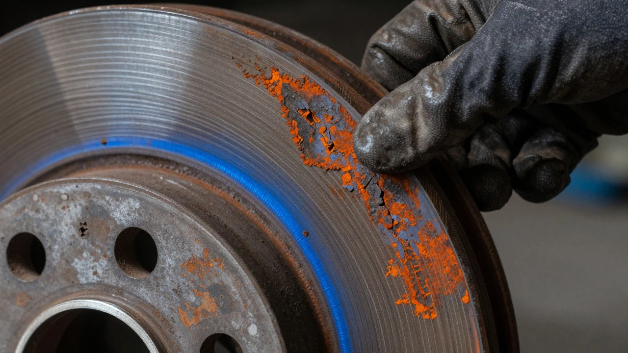 Damaged brake rotor with deep grooves and blue heat stains