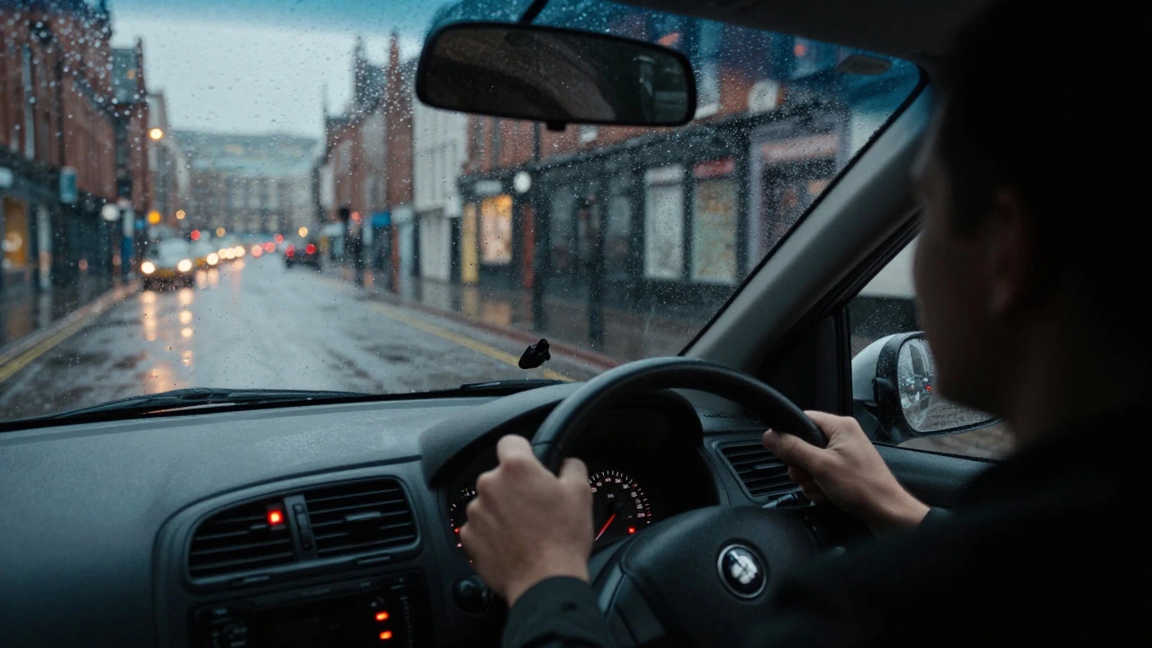 Driver gripping steering wheel while driving over a wet, bumpy city street