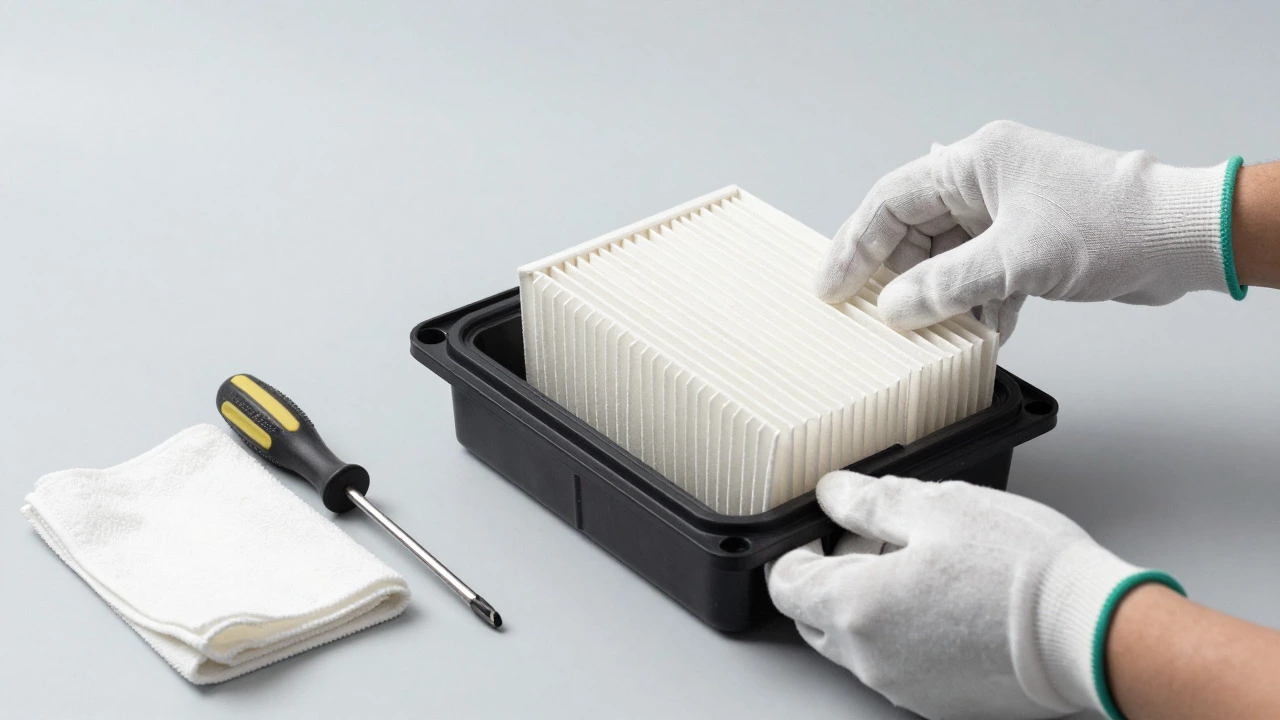 Hands installing a new white air filter into a car engine housing