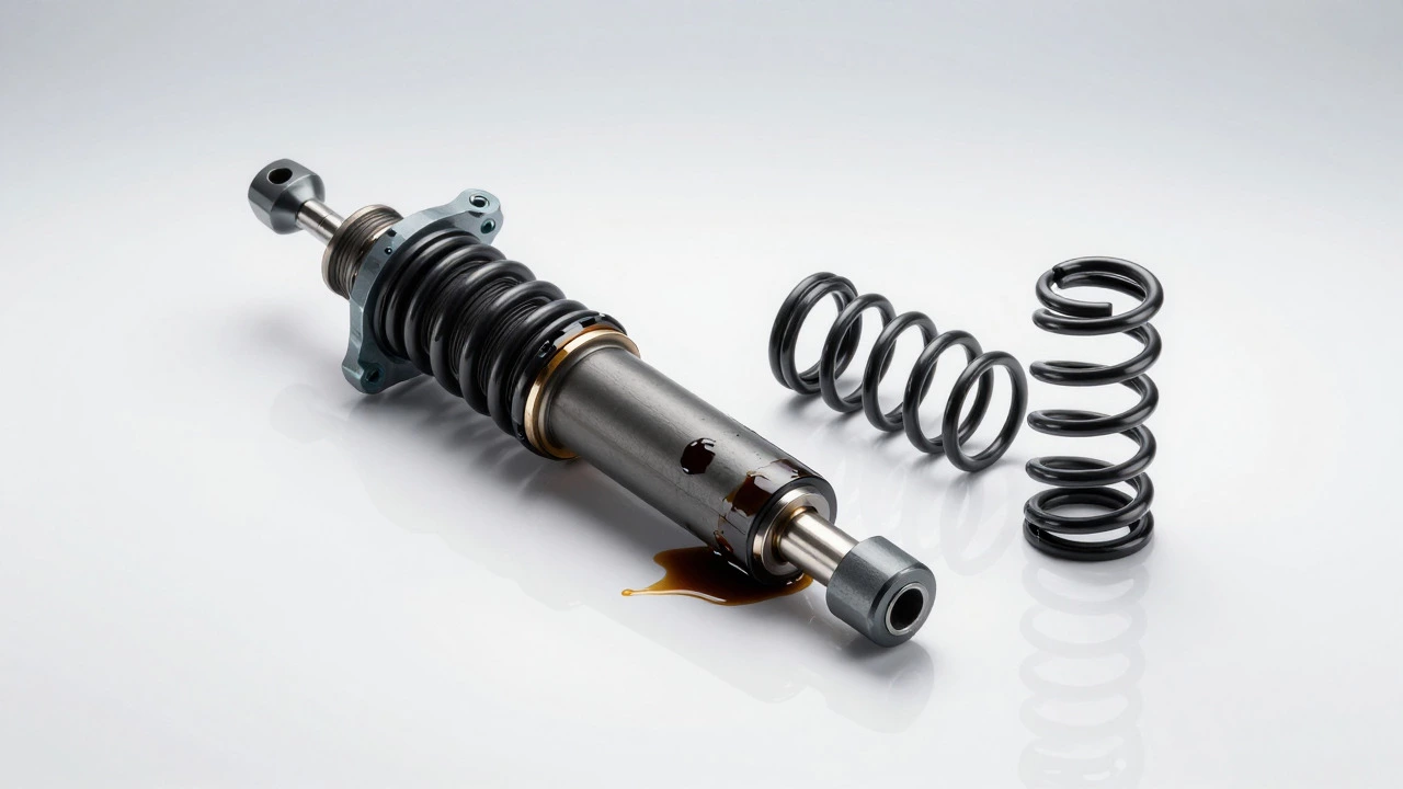 Leaking shock absorber and broken coil spring displayed on a white studio surface