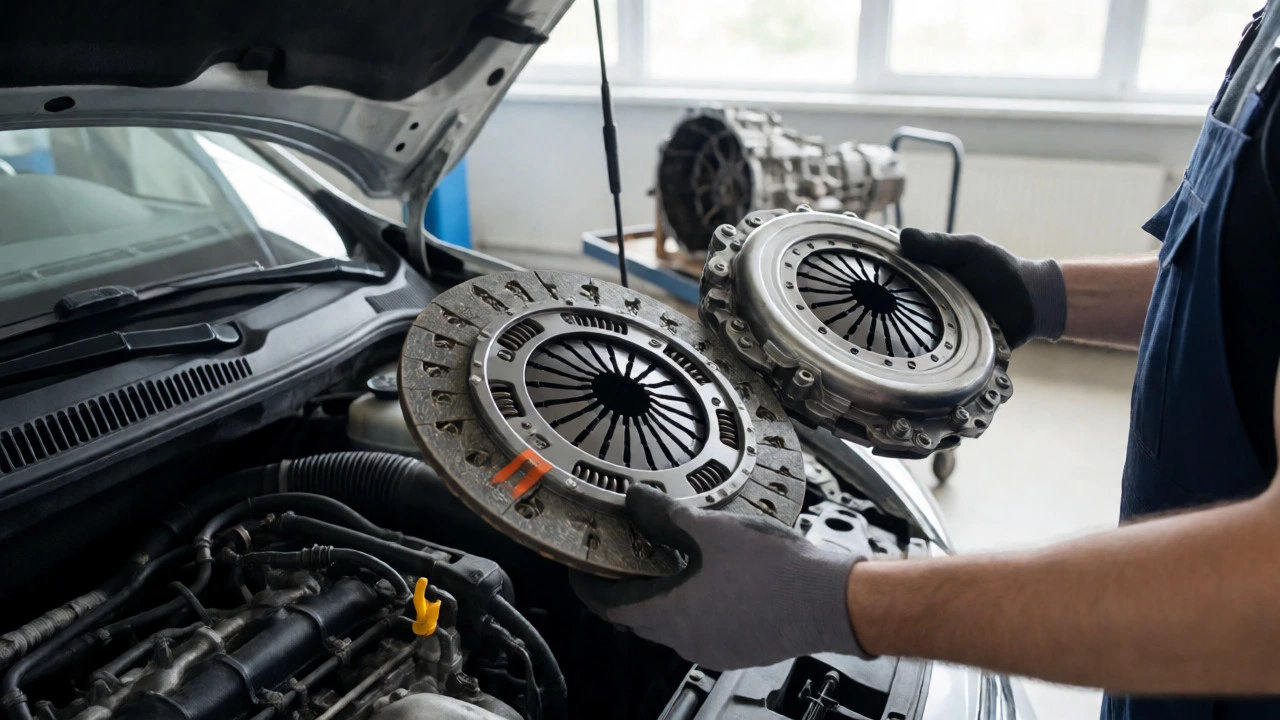 Mechanic holding a new clutch kit above an open car engine bay