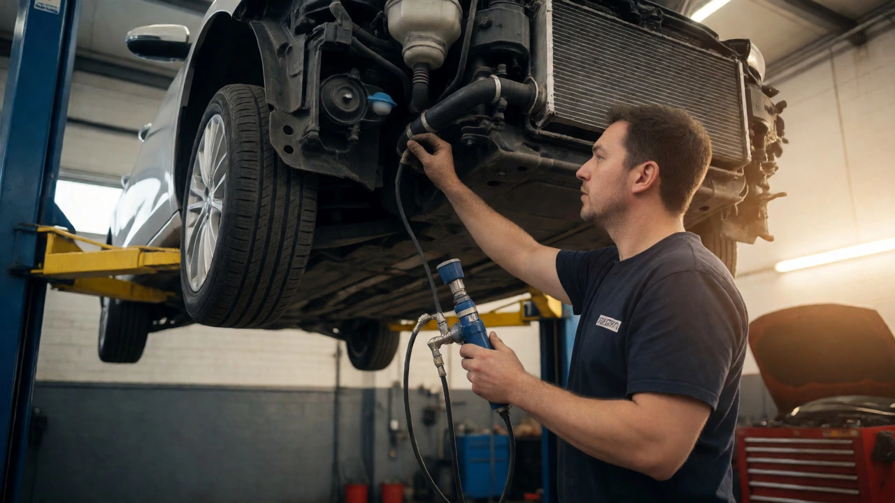 Mechanic inspecting a car's radiator hose and cooling system in a garage