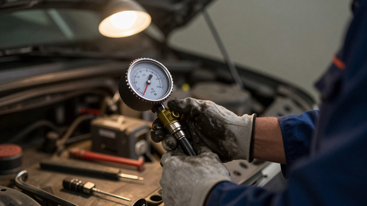 Mechanic using fuel pressure gauge in garage