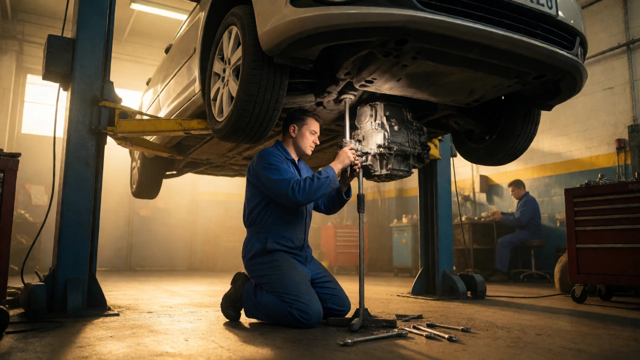 Mechanics working under a lifted car removing the gearbox