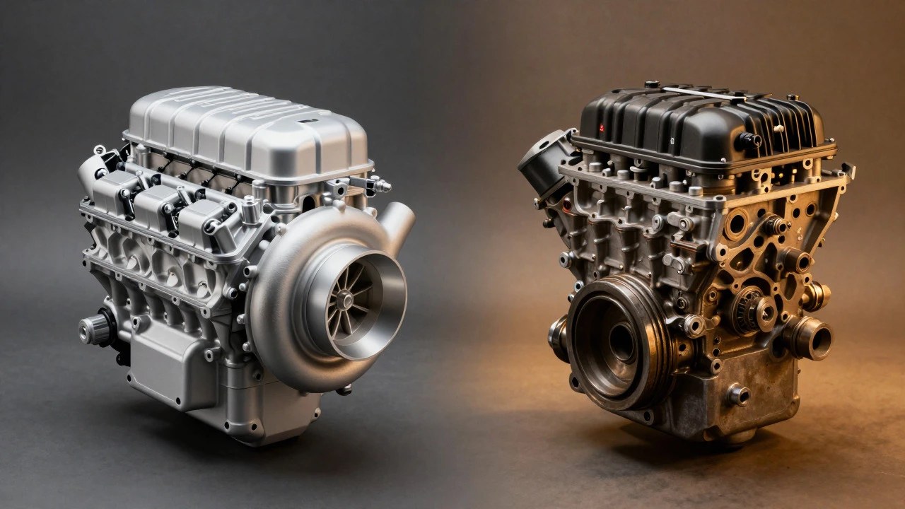 Side-by-side comparison of a modern engine and a vintage engine