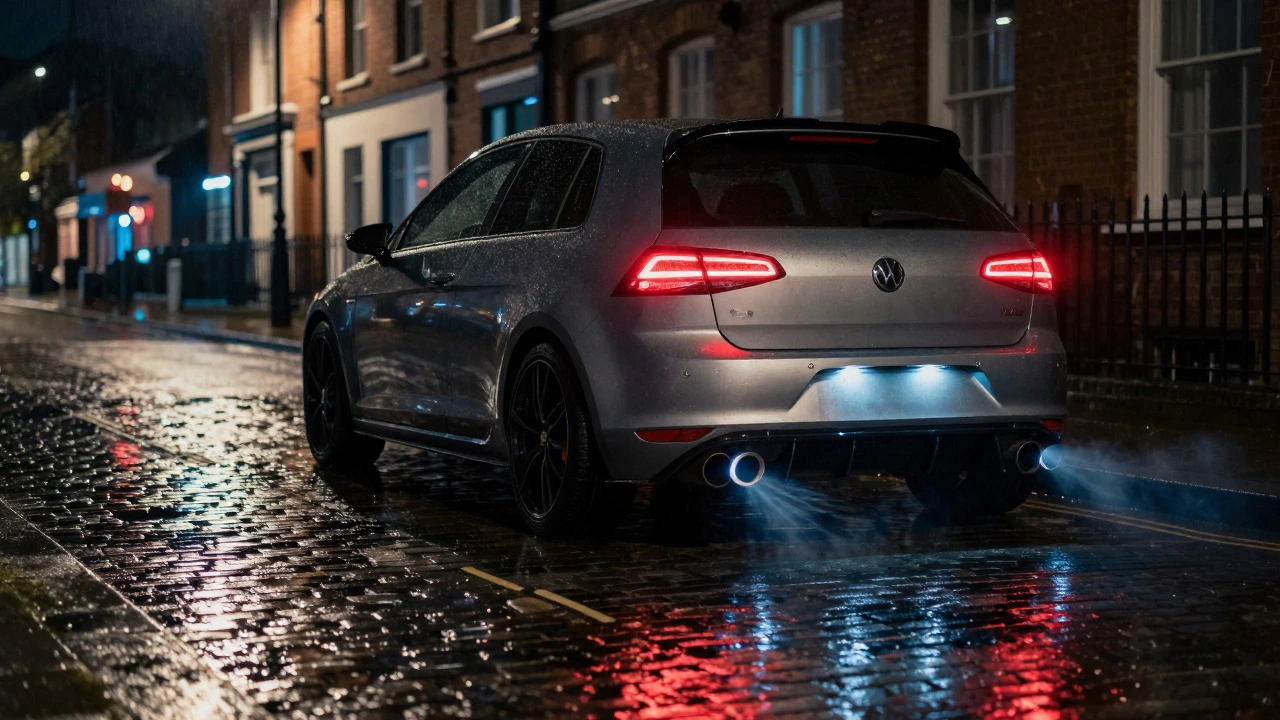 Sporty car at night with subtle exhaust rumble effect