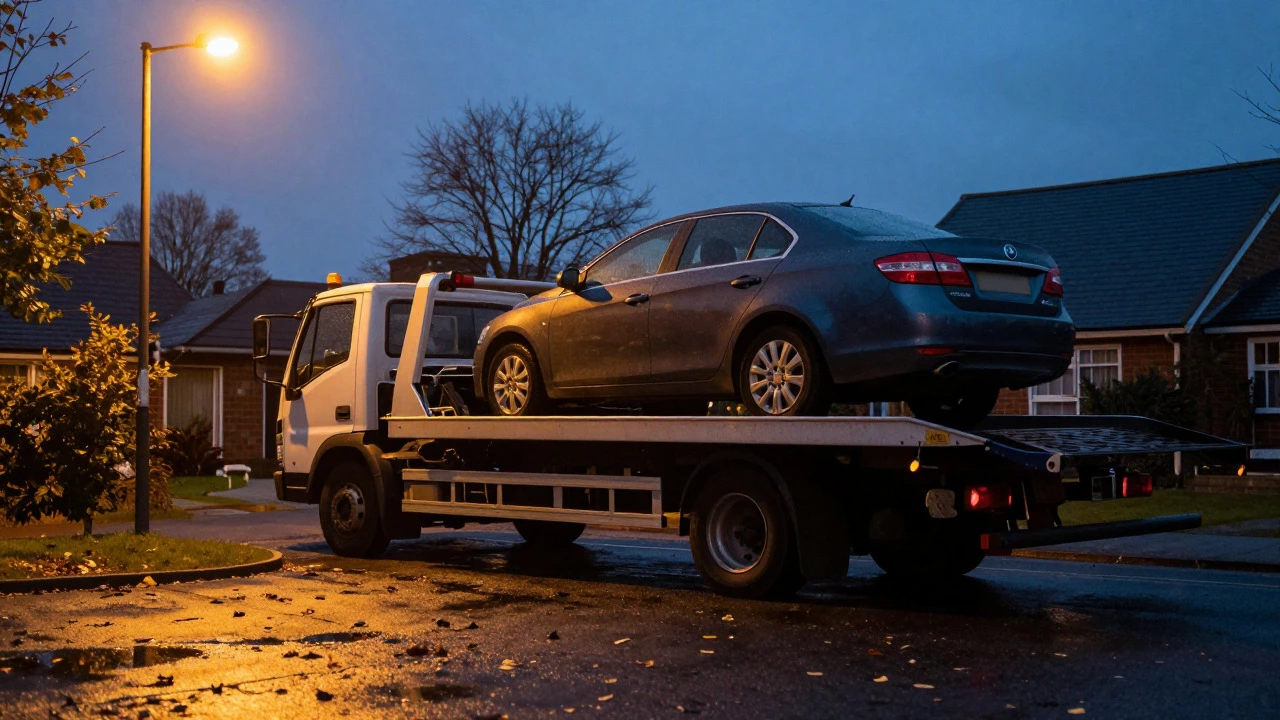 Tow truck loading a stalled car onto its flatbed in the evening light