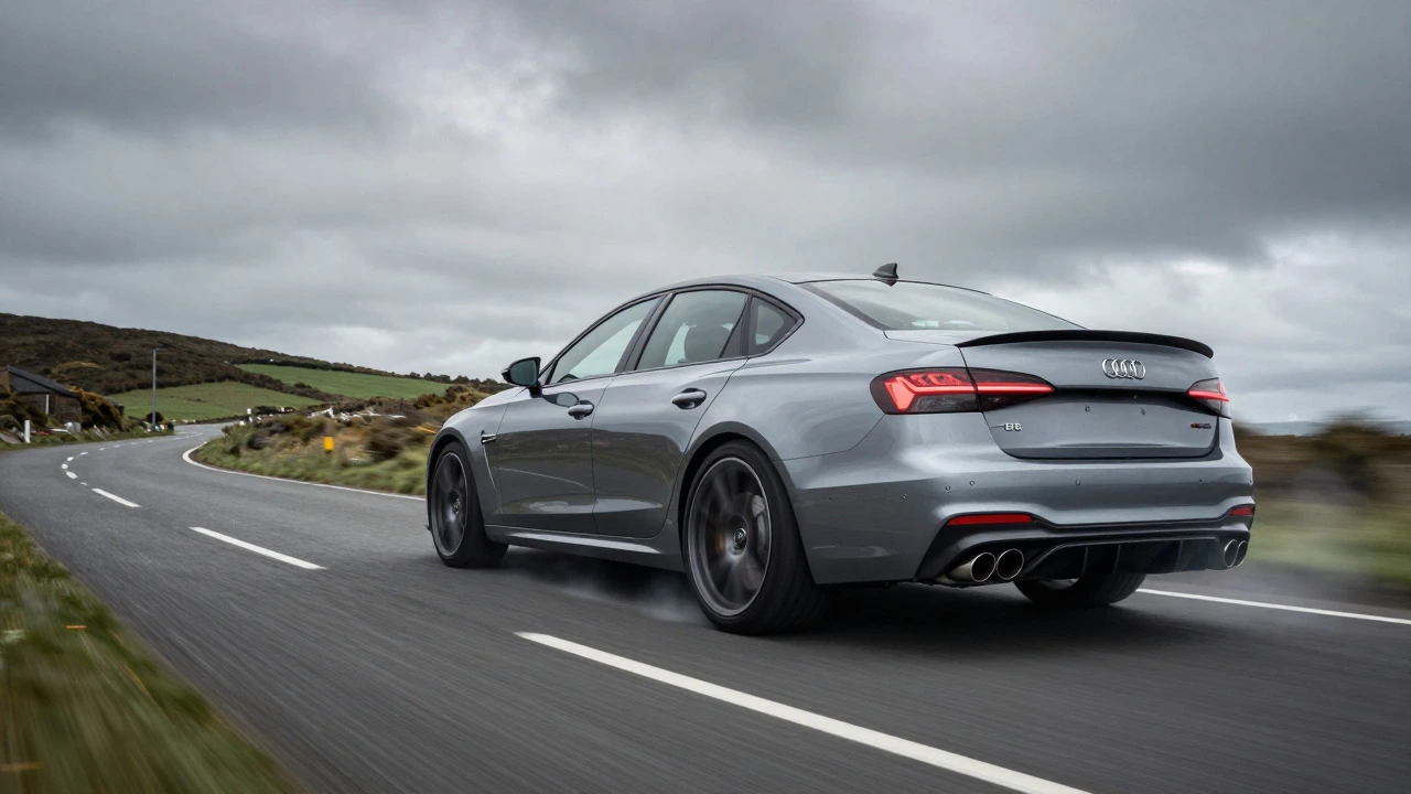 Turbocharged sedan speeding along a winding UK coastal road with motion blur