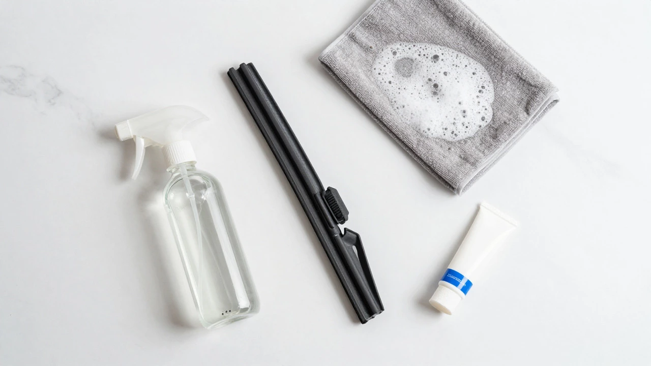 Wiper blades and cleaning supplies arranged on a white surface