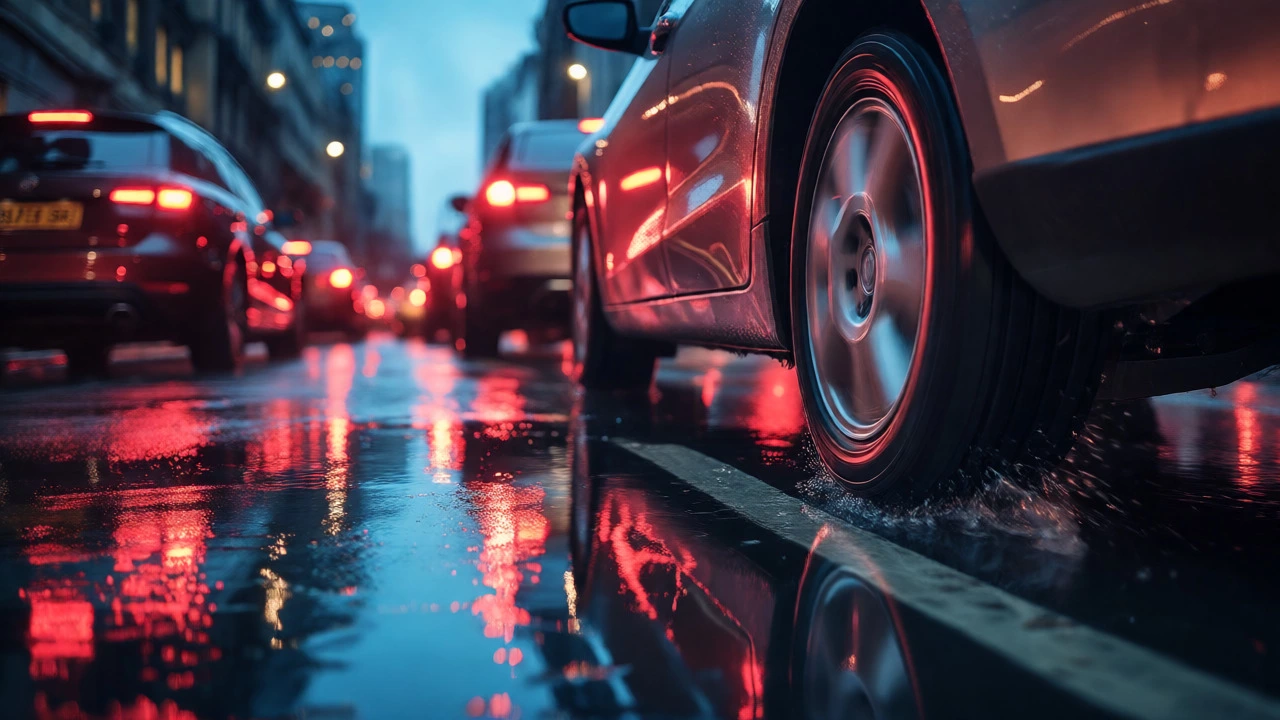 Car driving in rainy Manchester traffic at night with glowing brake lights.