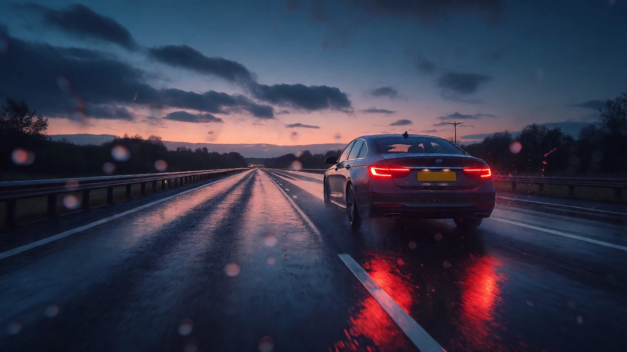 Car driving on a wet motorway at dusk under rainy conditions