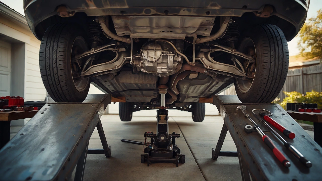 Car on ramps with transmission jack positioned under gearbox