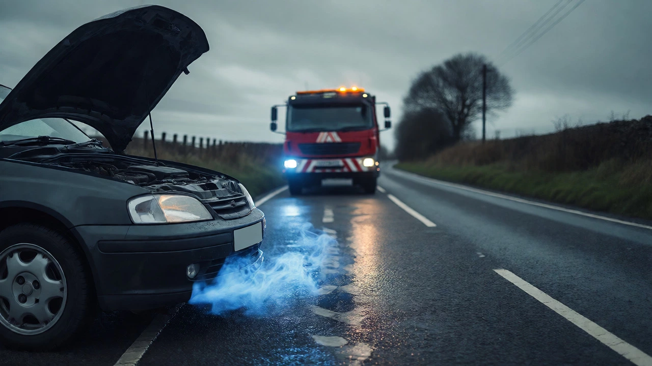 Car with open hood emitting blue smoke from exhaust on roadside
