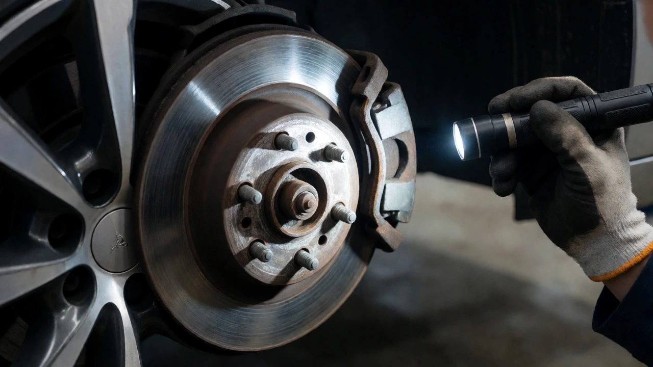 Close-up of a mechanic inspecting a scored brake rotor and worn pad with a flashlight.