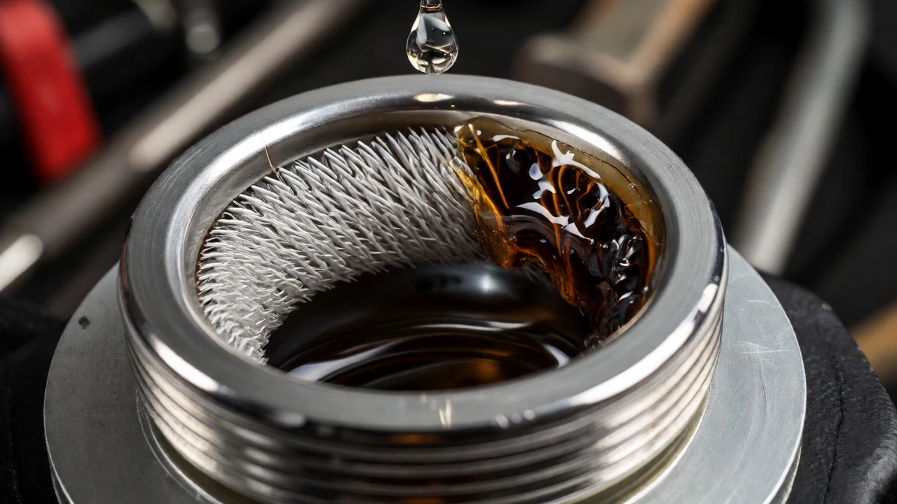 Close-up of fuel pump filter clogged with varnish and debris